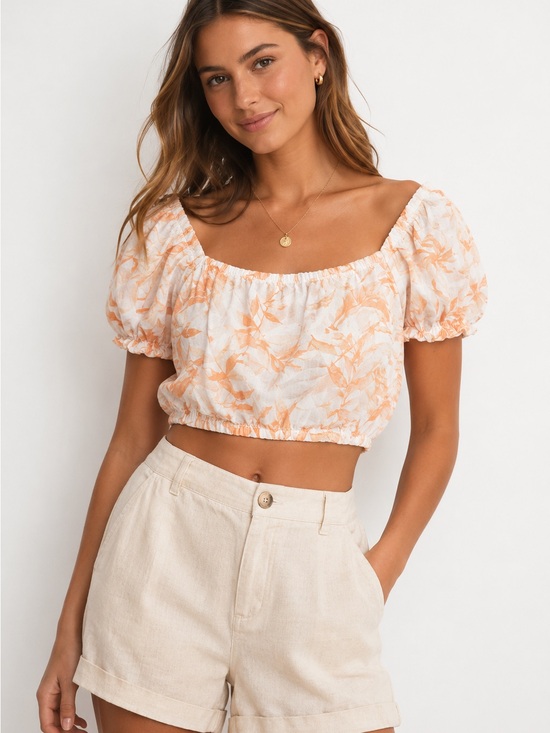 Abercrombie & Fitch Tops - Abercrombie & Fitch Linen Blend Puff Sleeve Crop Top Size Small Tropical
